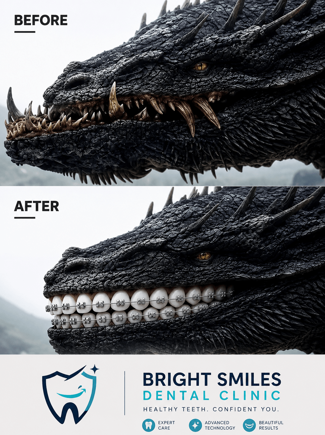 A before/after that stops the scroll — built for a dental clinic's braces campaign.