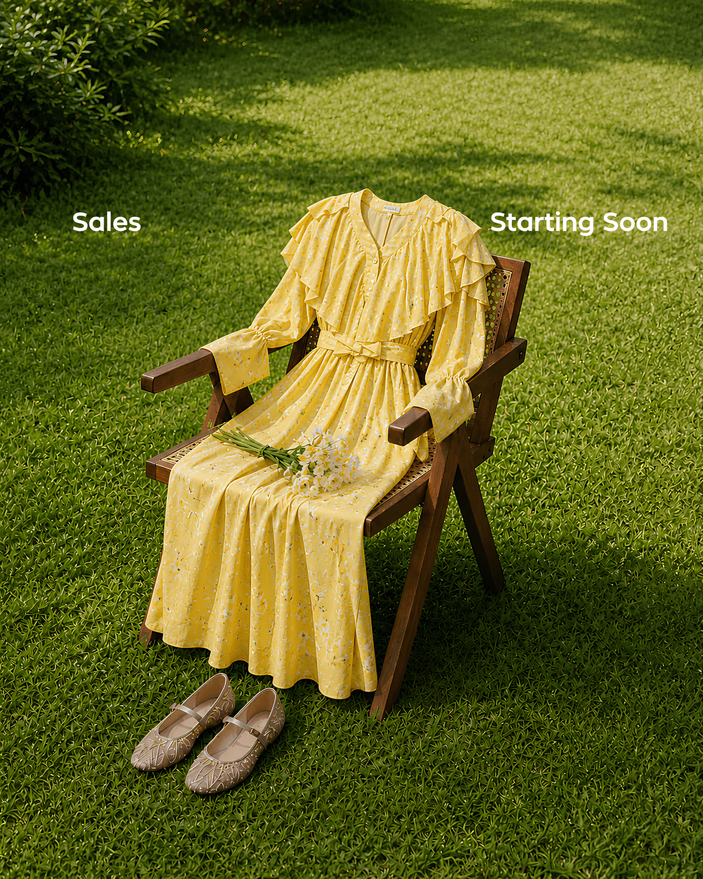 A seasonal sale teaser that turns a simple outfit shot into pure anticipation.