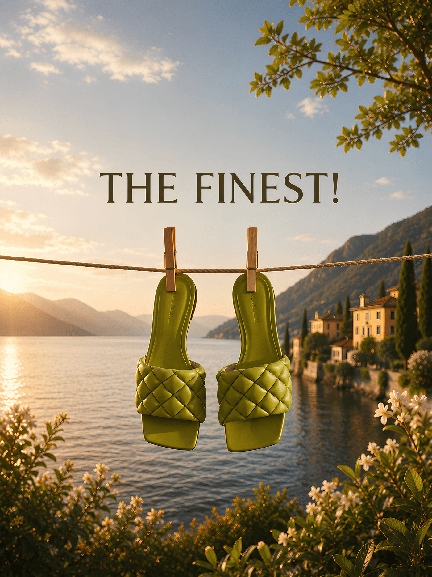 Product styling dressed up as a postcard — makes a pair of sandals feel like a getaway.